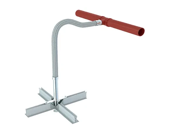 Flexible sprinkler hose drop with ceiling-grid bracket, connected to a red branch pipe