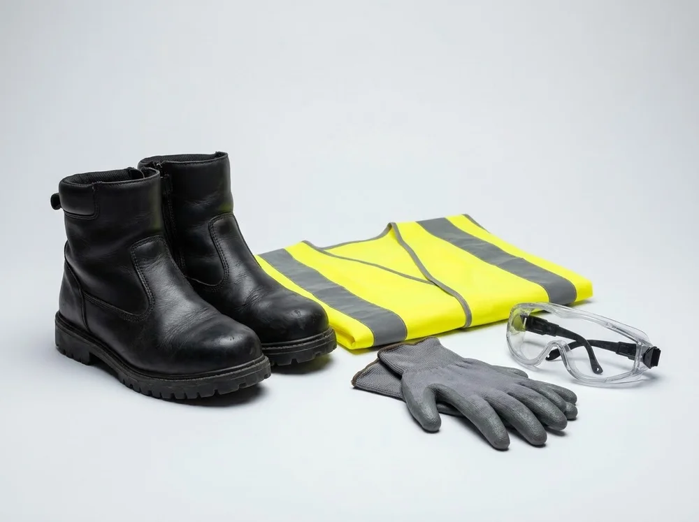 Safety boots, high-visibility vest and work gloves