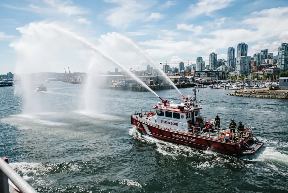 Fireboat spraying water jets across a harbour