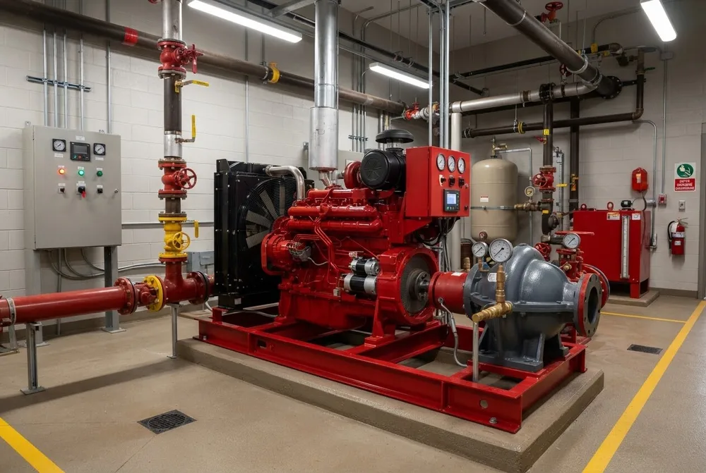 Red diesel fire pump set in a pump room