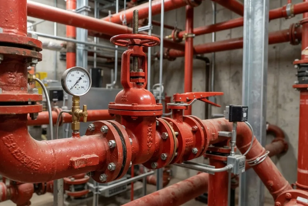 Red fire main valves and pipework in a plant room