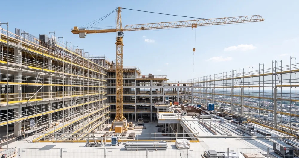 High-rise construction site with a tower crane
